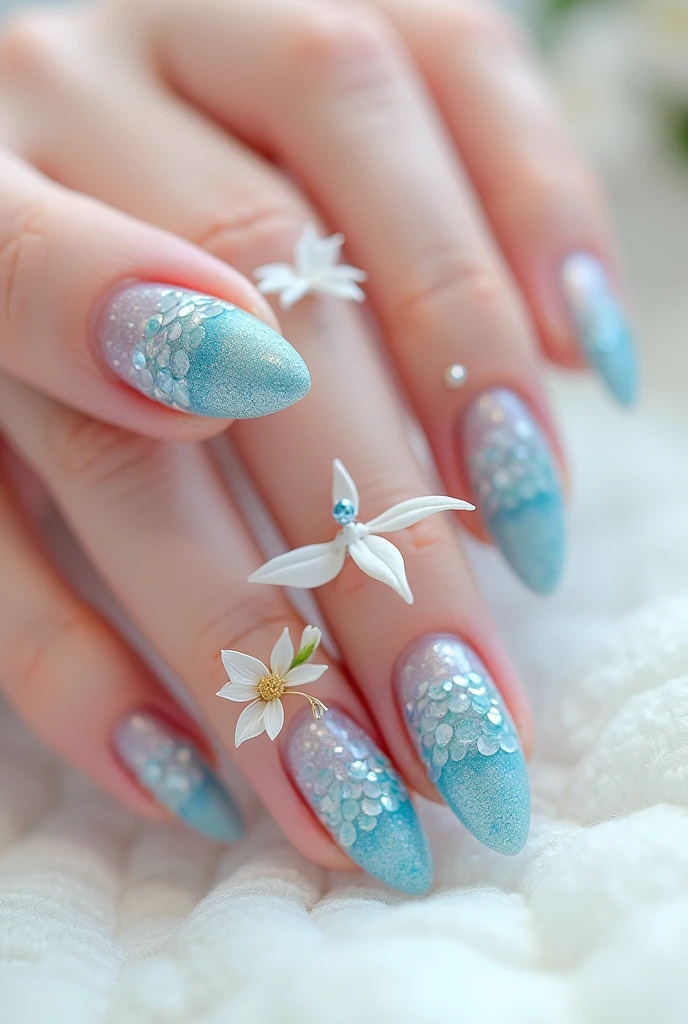 Create an almond-shaped mermaid nail design on a white background。 
