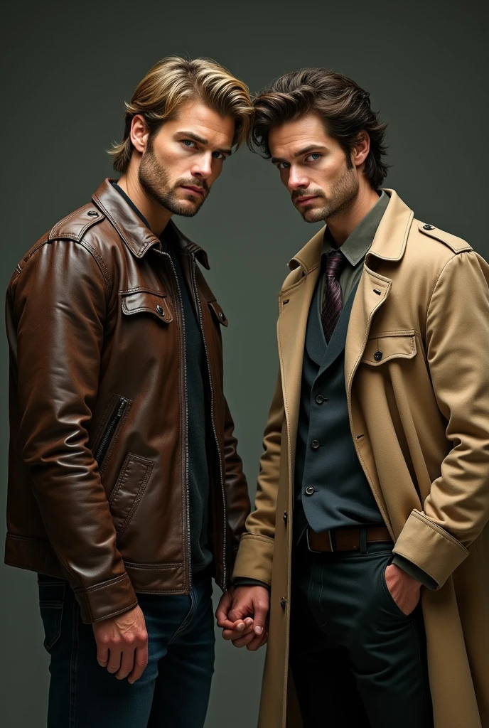 Dean Winchester (naughty man) hand in hand with the Angel of the Lord Castiel (naughty man). Dean  Winchester tem 1.82 tall and wears a brown open leather jacket, he has green eyes and dark blonde hair. Castiel is a little shorter and has blue eyes., and wears a beige overcoat. Castiel has short, messy hair., and underneath his overcoat he wears a suit and tie. O personagem Castiel se parece muito com o ator Misha Collins e o Dean Winchester se parece muito com o Ator Jensen Ackles.