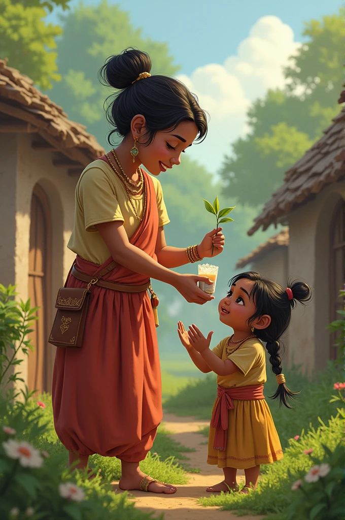 Ananya Helping the Villagers: "Princess Ananya, in modest attire, atending to a sick villager with herbal medicine, and working alongside villagers in a small field. The villagers are smiling, showing hope and gratitude as they work together."
