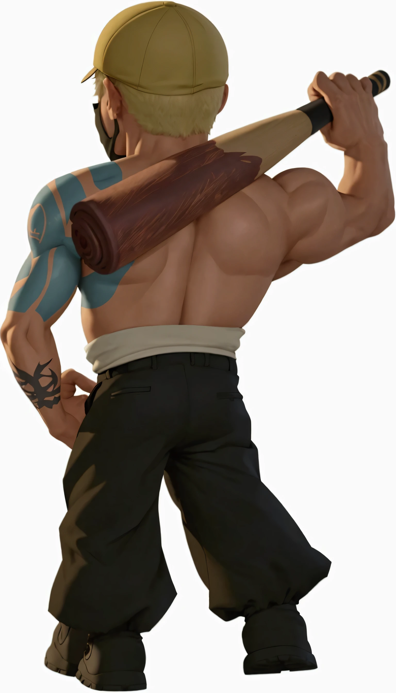 A man carrying a baseball bat,A man with a tattoo on his back, Short hair,Super short hair,Back view,Wearing a black mask,muscular,Black trousers,Baseball bat in right hand,Short hair and flat head,More character details,More details on clothing folds,ue5 render,3D Rendering,Cartoon Characters,Cartoon Style,8k ultra high definition