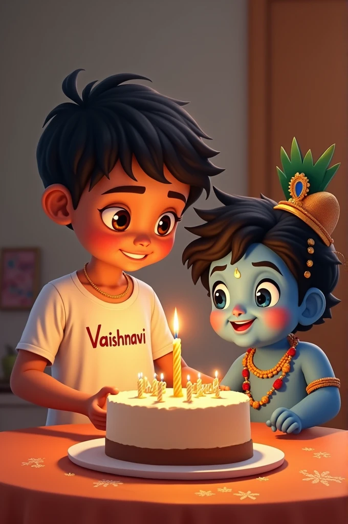 A young boy, wearing a white T-shirt with "vaishnavi" written on it, is lighting a candle on a birthday cake.
The cake is decorated with "Happy Janmashtami" written on it.
Next to the boy is an animated depiction of Lord Krishna as a child, or Bal Krishna, with his signature blue skin and peacock feather crown.