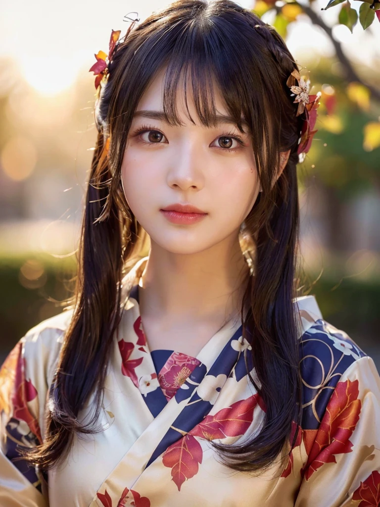 (Highest quality,Jay(Highest quality,Jay作:1.3,Ultra-high resolution),(Very detailed,Caustics,8k),(Realistic:1.4,RAW shooting),Super detailed, Ultra-high resolution, Rembrandt Lighting,Ultra high definition 8K,Highest quality,Very detailedな,Jay作,Realistic,Rich details,Ray Tracing,Detailed skin texture, (Realistic:1.3), In detail, (Jay作:1.2), (photoRealistic:1.2), (best quality), (Detailed skin:1.3), (Intricate details), dramatic, One person, Cute Japanese, 2, Detailed skin texture, Scattered under the surface,(blush:0.5), Scattered beneath the surface, Twin tails,Droopy eyes,黒いLong Hair,耳前にLong Hair, (Long Hair:1.2), bangs, Hair between the eyes, hair ornaments, Floral print, _kimono,,Beautiful, shining lips, Detailed lips、 Detailed face、 seiza (Bright sunny day, Autumn scenery, Autumn Tree々and leaves,),(Face Focus:1.1),(Face close-up:1.1),Sunset