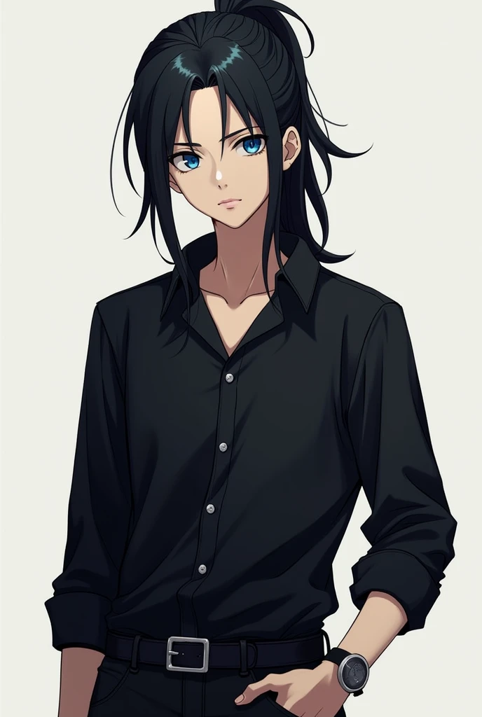 A boy with attitude in his blue eyes have long hairs tied up wearing black shirt and black jeans