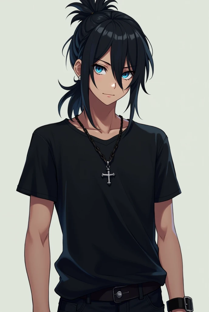 A boy with attitude in his blue eyes have long hairs tied up wearing black shirt and black jeans 