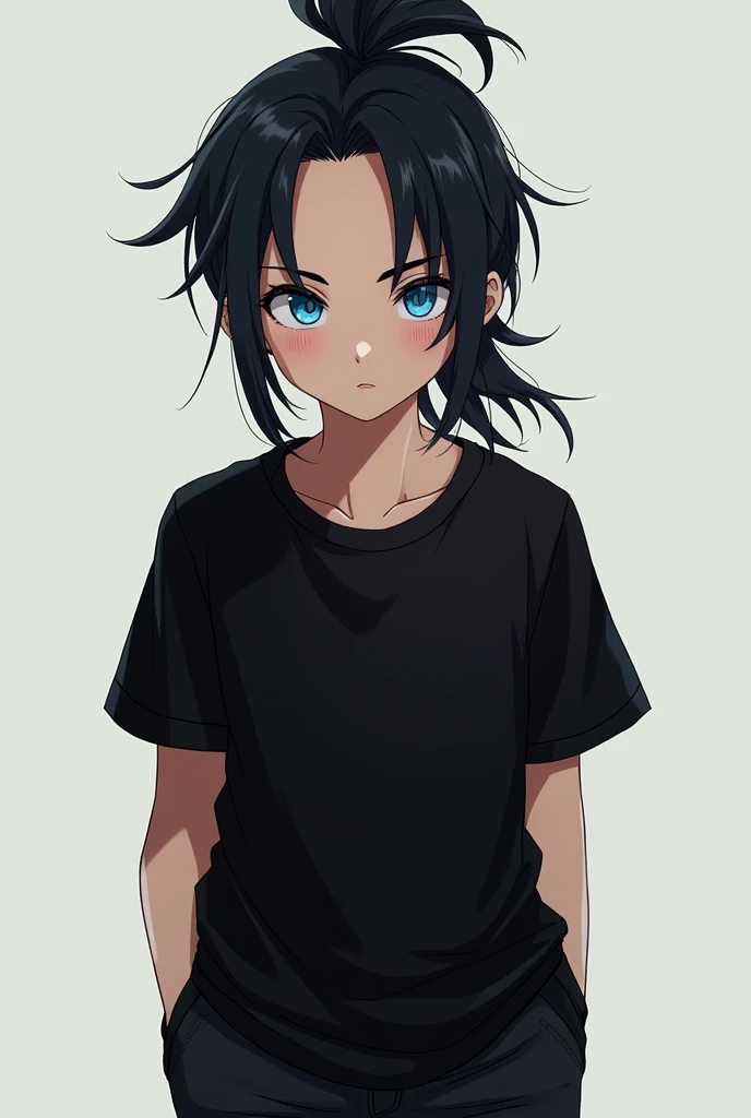 A boy with attitude in his blue eyes have long hairs tied up wearing black shirt and black jeans