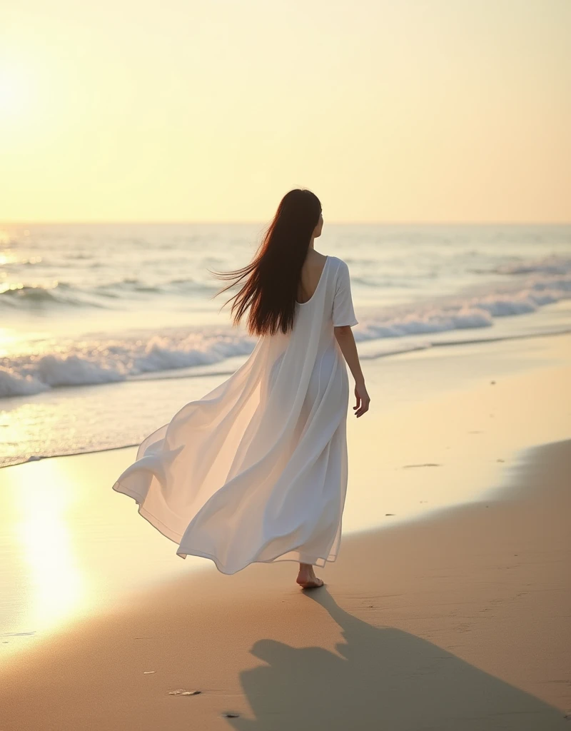 An Asian woman with long straight hair, wearing a flowing white dress, walks along a beach at dawn. The image captures in 8K every detail of the movement of the dress and the gentle breeze that moves it, evoking a sense of serenity and natural beauty.