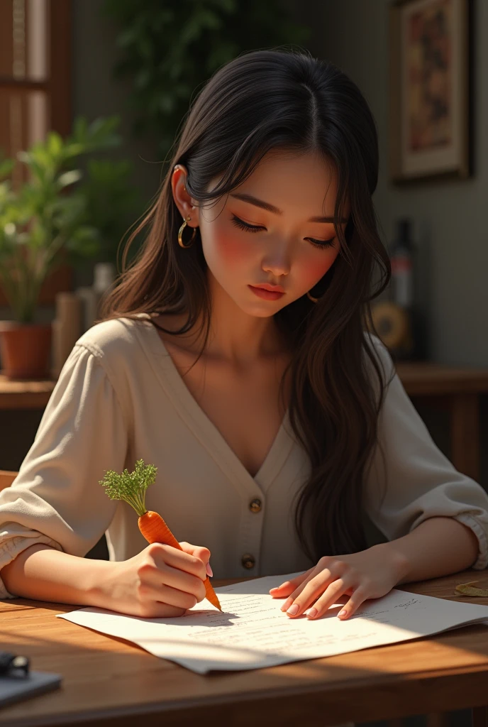 A woman writing with a carrot in realistic style