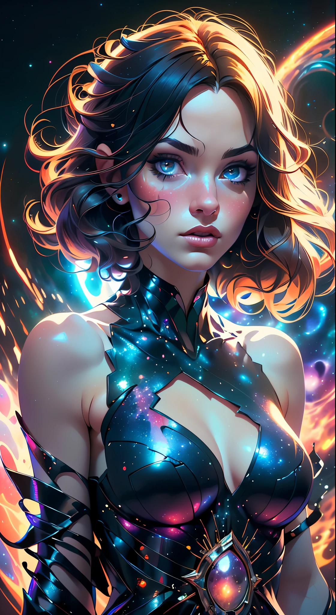 (masterpiece, best quality, highres, high resolution:1.2), extremely detailed, realistic, intricate details, 1girl, solo, looking at viewer, (abstract art:1.3), (dark theme:1.2), art, stylized, deep shadow, dark theme, cosmic dress, cosmic beauty, in space, nebula, (cinematic lighting, bloom, volumetric),