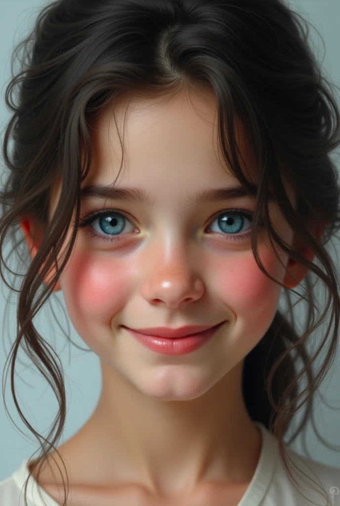 a young white skin black hair and blue eyes smiling realistically