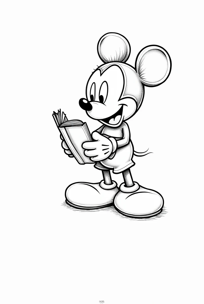 Create an illustration for a child'Boken para colorir, which can be used in the Zara store. Deixe as roupas e o fundo uncolored. Mickey reading the holy bible. Full-body image. white background, with nothing. Imagem uncoloredes, disney pixar style drawing. Masterpiece artwork, best qualityer, hight contrast, uncolored, Boken , style cartoon, Sketch style, black and white without shading, uncolored, no shadow, style cartoon, line art,