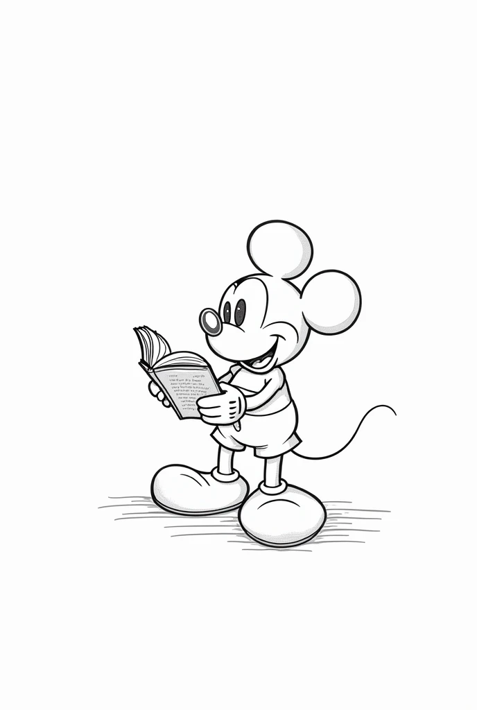 Create an illustration for a child'Boken para colorir, which can be used in the Zara store. Deixe as roupas e o fundo uncolored. Mickey reading the holy bible. Full-body image. white background, with nothing. Imagem uncoloredes, disney pixar style drawing. Masterpiece artwork, best qualityer, hight contrast, uncolored, Boken , style cartoon, Sketch style, black and white without shading, uncolored, no shadow, style cartoon, line art,