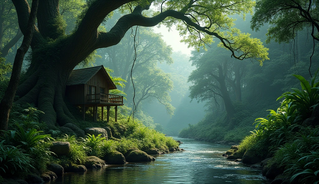 tropical forest, Dense forest, The stream flows through, Big Tree, Remote and desolate place,There is a wooden house beside the stream