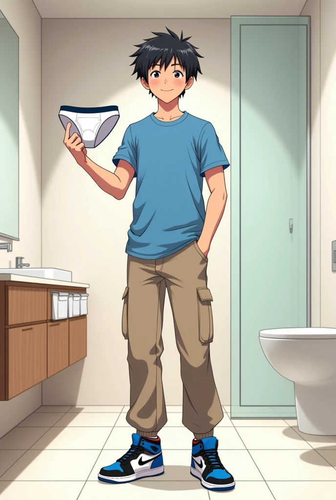 into the image, a cool male ager with 1,80 tall, with white skin and straight black hair, is posing in a bathroom. He wears a blue t-shirt and beige cargo pants., complemented by a pair of Air Jordan sneakers in blue, black andwhite. The young man is holding a pair of underwear (of the boxer model), this underwear is white (of the size he uses) with both hands, showing it to the "Camera", with a happy and relieved expression. The bathroom in the background is modern and minimalist., with details like a large mirror and light tiles. The teen's expression is relaxed and fun, besides him appearing relieved, giving a casual and informal tone to the image, In anime style, ele segura uma 1 cueca of the boxer model de tamanho que esse adolescente usa, He's not wearing any underwear and looks like he just took it off.!