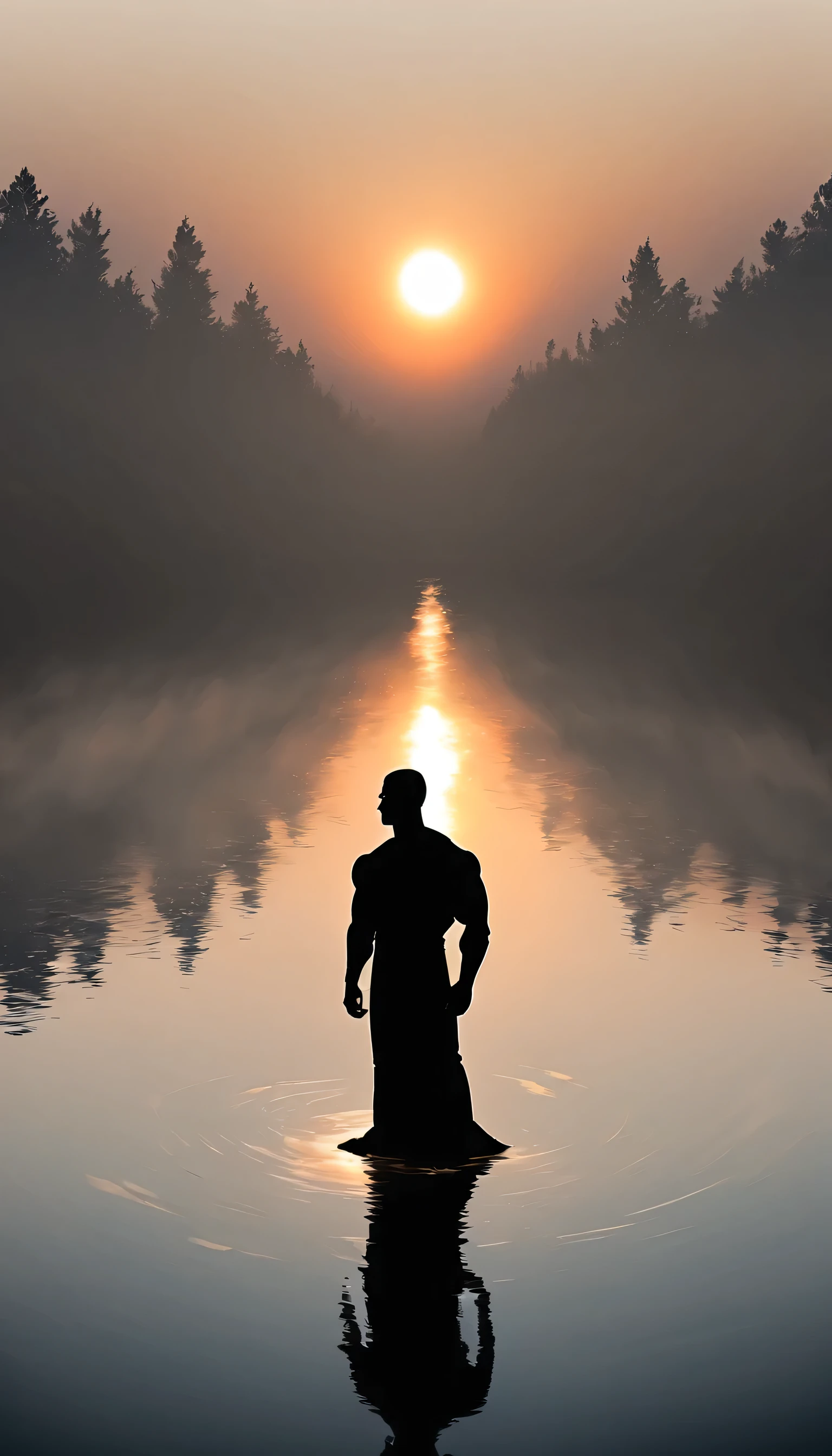 A Strong Buddhist muscular man stands in the smoke, loneliness, Black jumpsuit, Very tight, Silhouette effect, Tall muscular man, Priapus, Dark Black, Dark black skin, Buzz Cut, His muscles are very developed, Very tall, short hair, Blend into the smoke, Lake, Reflection, Sunset, Sunset, Man silhouette, Chinese, black and white, Simple style
