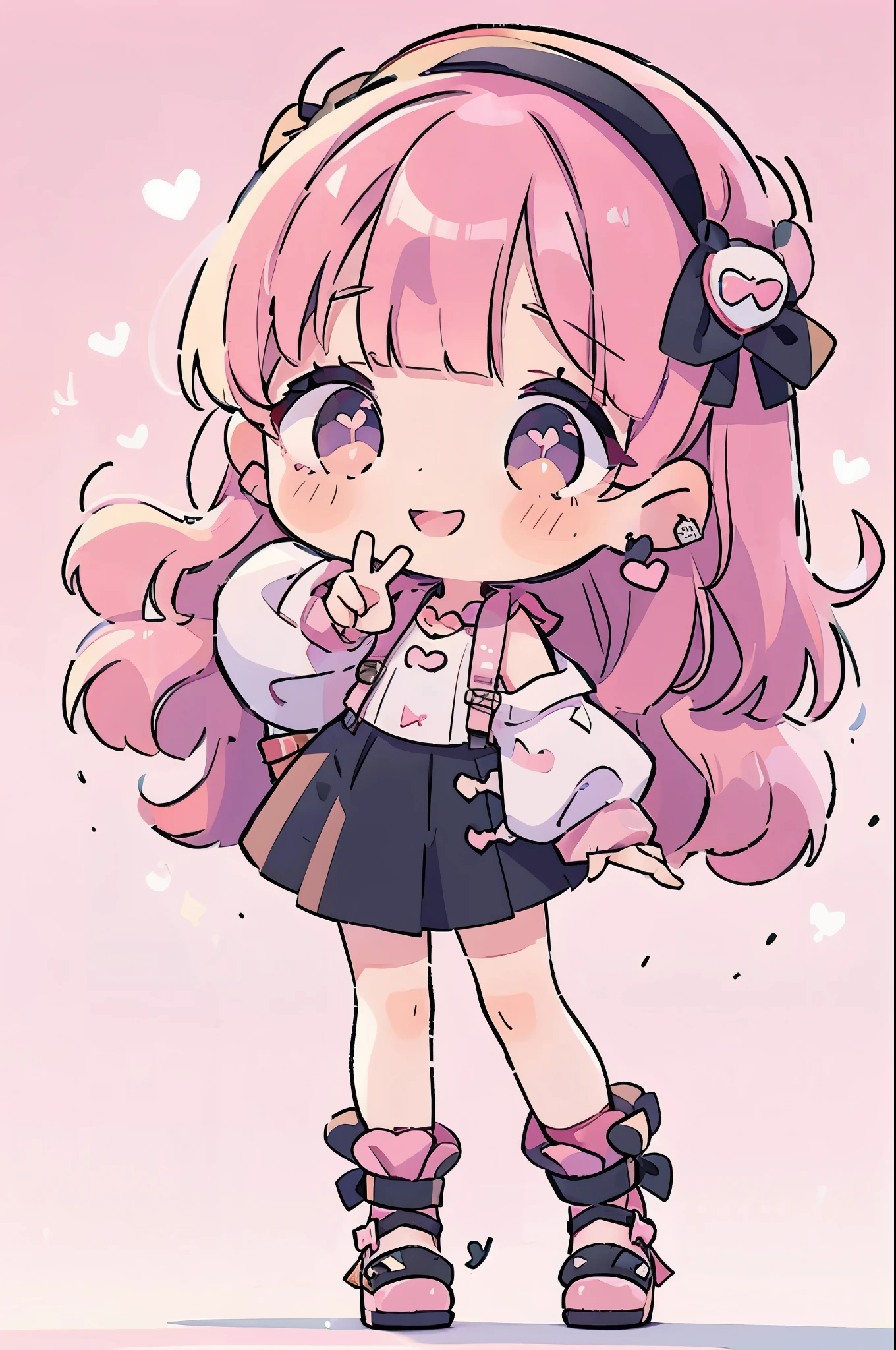 ((from front)),
((chibi)),
((peace sign)),
high resolution,smile,woman,woman1人,adult,cute,
blunt bangs,pink hair,wavy hair,long hair,BREAK,
Red eyes,Sparkling Eyes,BREAK,
((Landmine fashion)),
Black off-shoulder top,BREAK,Ruffled skirt in pink color,BREAK,
Black high heels,BREAK,
Black ribbon headband,BREAK,Heart Earrings,BREAK,Lace choker,BREAK,
Pink hearts on a white background,