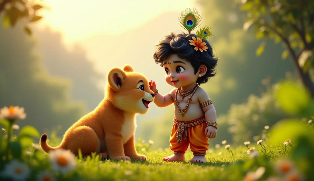 (little lord shri krishna wearing peacock feather on head and playing with asiatic lion cub and his hand on cub's head), (cute), nestled in the picturesque Girnar mountains, vibrant green foliage surrounding them, (joyful atmosphere), gentle sunlight illuminating the scene with a warm glow, intricate details of Krishna's attire, playful expressions, beautifully dramatic backdrop, lush hills and scenic beauty, (highly detailed), (4K resolution).