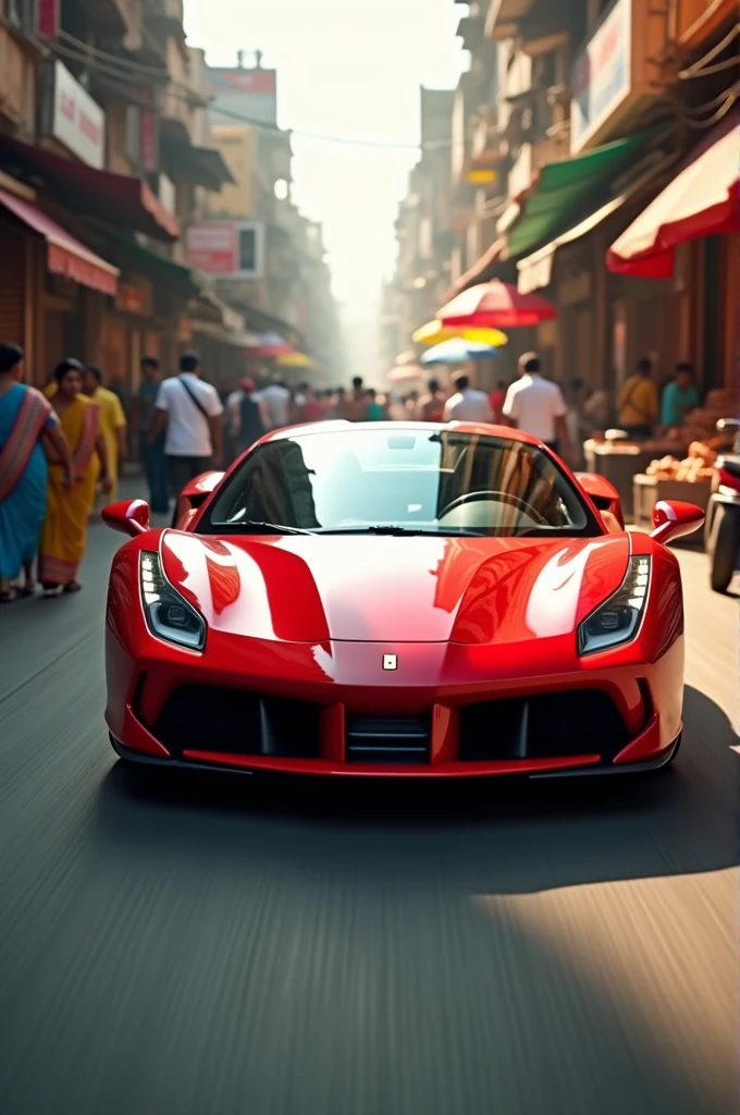 A ai video of Ferrari in red in his top speed on the market of india