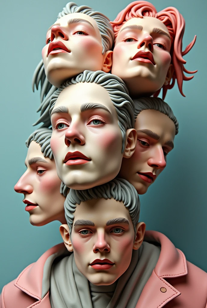 Expressionist artwork images of multiple floating ceramic heads of transgender men, 3d collage style, make it weird and gallery worthy