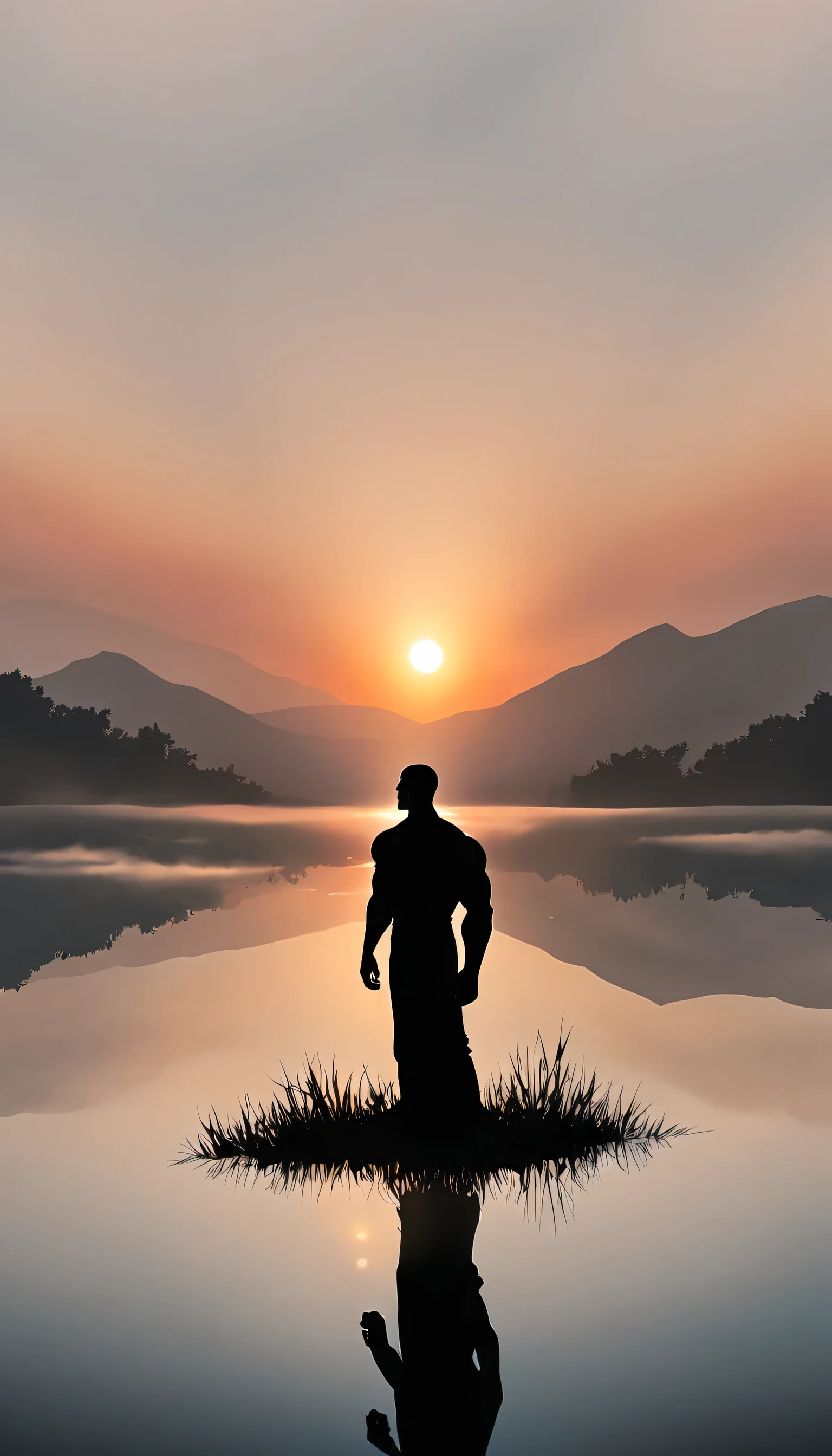 A Strong Buddhist muscular man stands in the smoke, loneliness, Black jumpsuit, Very tight, Silhouette effect, Tall muscular man, Priapus, Dark Black, Dark black skin, Buzz Cut, His muscles are very developed, Very tall, short hair, Blend into the smoke, Lake, Reflection, Sunset, Sunset, Man silhouette, Chinese, black and white, Simple style
