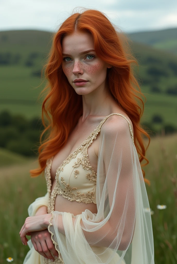 red-haired freckled woman, wearing a loose and diaphanous Arabic dress in double seethru knit, Posing, In Ireland, detailed skin, face, elegant hair, pretty eyes, (skin pores:0.6)