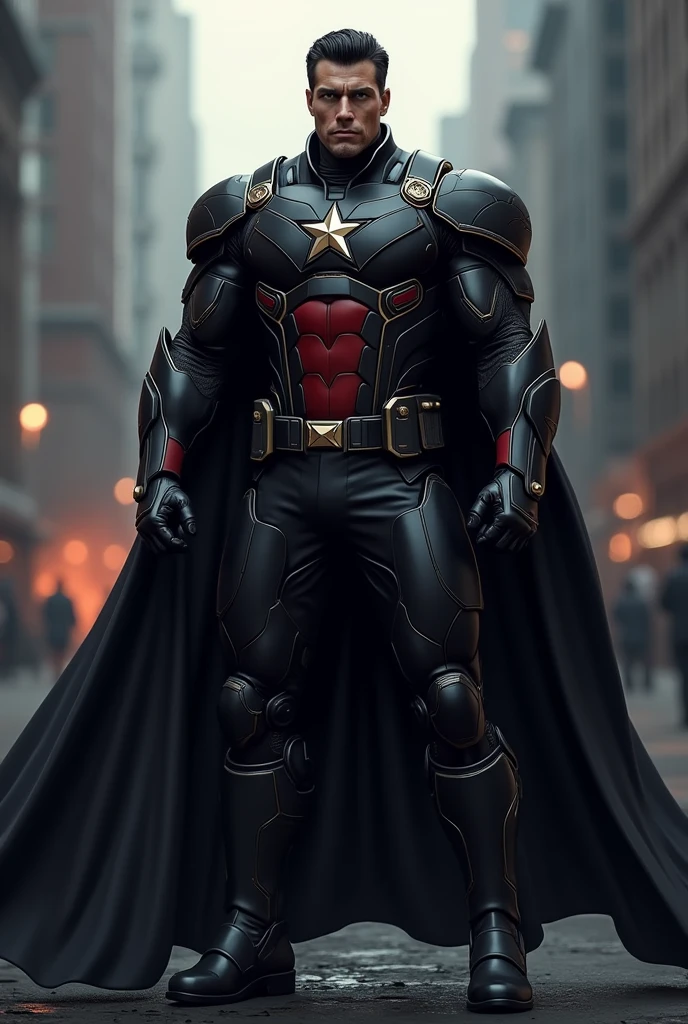 Inspired by Captain America from The Boys Physical: Sentinel has an imposing stature, with 1,90m tall and well-defined muscles. Your presence is intimidating, with an always upright and confident posture.
tenue: His uniform is a high-tech armor, with a predominantly black color palette with red and gold accents. The armor has an elegant design, mixing functionality with ostentation, reflecting your ego. He also wears a long cape, black as night, which adds a dramatic air to their appearances.
muka: An angular face with a strong jawline, icy blue eyes that seem to penetrate the soul. Her hair is short and black, always well combed. He has a light scar along his left eyebrow., a vestige of an ancient struggle.