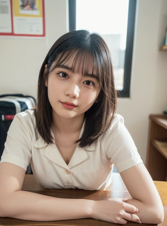 alone、Natural body shape、White skin、Natural Makeup、Black Hair、bangs、Medium Short Hair、Japanese high school uniform、(expensive 、barefoot、Thin, soft fabric full-body tights、p)、、((The upper body is wearing a uniform))、((Looking into the camera))、(((Full body photo)))、(((Exposing your thighs)))、school、High school classroom、On the desk、((barefoot:1.2))、innocent、、A little smile、Face without makeup、Perfect Face、Beautiful thighs thighs、((Small head:1.1))、analog film、Official Art、relax、Photo taken by lover、Selfie、Thighs are shown、The sunlight is hitting my face and body,Old Polaroid Film,150mm lens、f/1.4、Interplay of light and shadow、Artwork、Old movies、I like to publish、I like to have people look at my inner thighs、I like to take off my clothes、I want to touch my boobs?、Mouth open、Sad expression、I fell in love、I want you to touch me、16First experience at age,My age is