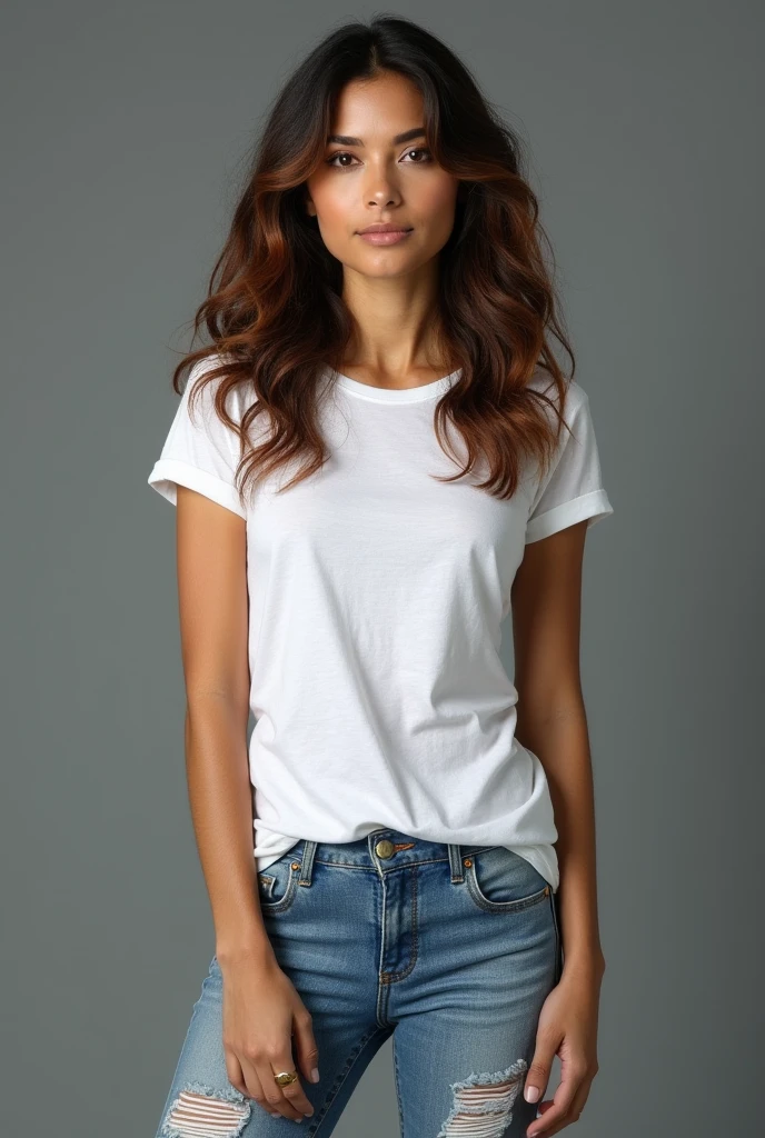 beautiful latin woman, curly hair, standing straight facing forward,with white t-shirt, ripped denim jeans pants, on a greyish background, cotton t-shirt texture, fitted t-shirt, round neck, striped tights. Medium camera shot.