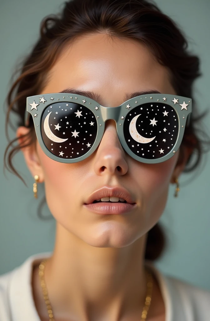 The model is wearing glass sunglasses with stars and the moon on the glass