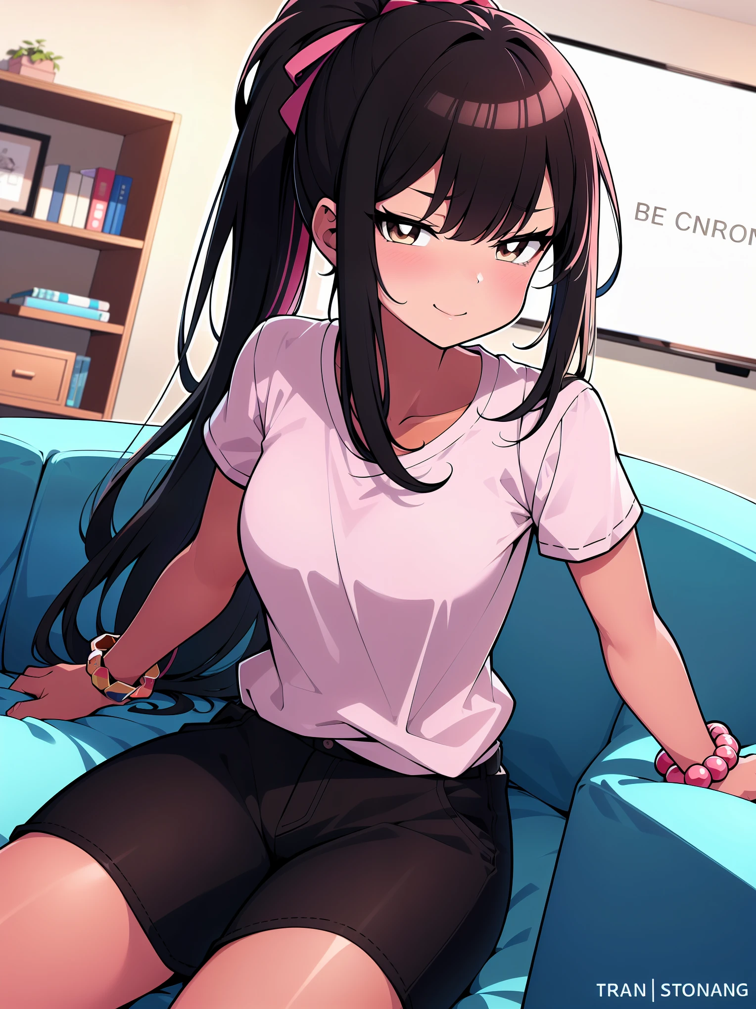 (cowboy shot), (colorful), (ultra-high resolution, depth of field:1.2), 1woman, (tan skin:1.4), brown eyes, (long straight black hair), ponytail, bangs, medium breasts, casual shirt, casual clothes, light blue, pink, multicolor bracelets, gentle smile, (living room scenery), sitting on a couch