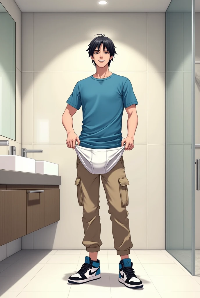into the image, a cool male ager with 1,80 tall, with white skin and straight black hair, is posing in a bathroom. He wears a blue t-shirt and beige cargo pants., complemented by a pair of Air Jordan sneakers in blue, black andwhite. The young man is holding a pair of underwear (of the boxer model), this underwear is white (of the size he uses) with both hands, showing it to the "Camera", with a happy and relieved expression. The bathroom in the background is modern and minimalist., with details like a large mirror and light tiles. The teen's expression is relaxed and fun, besides him appearing relieved, giving a casual and informal tone to the image, In anime style, ele segura uma 1 cueca of the boxer model de tamanho que esse adolescente usa, He's not wearing any underwear and looks like he just took it off.!