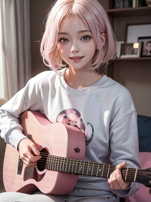 {masterpiece}, 1 female, (Upper Body), living room, (A bright smile), Play the guitar, (White sweatshirt), Grey sweatpants, (At midnight), (Hot weather), 20 years old, (Blonde Hair, pink colored inner hair), short hair, Korean
