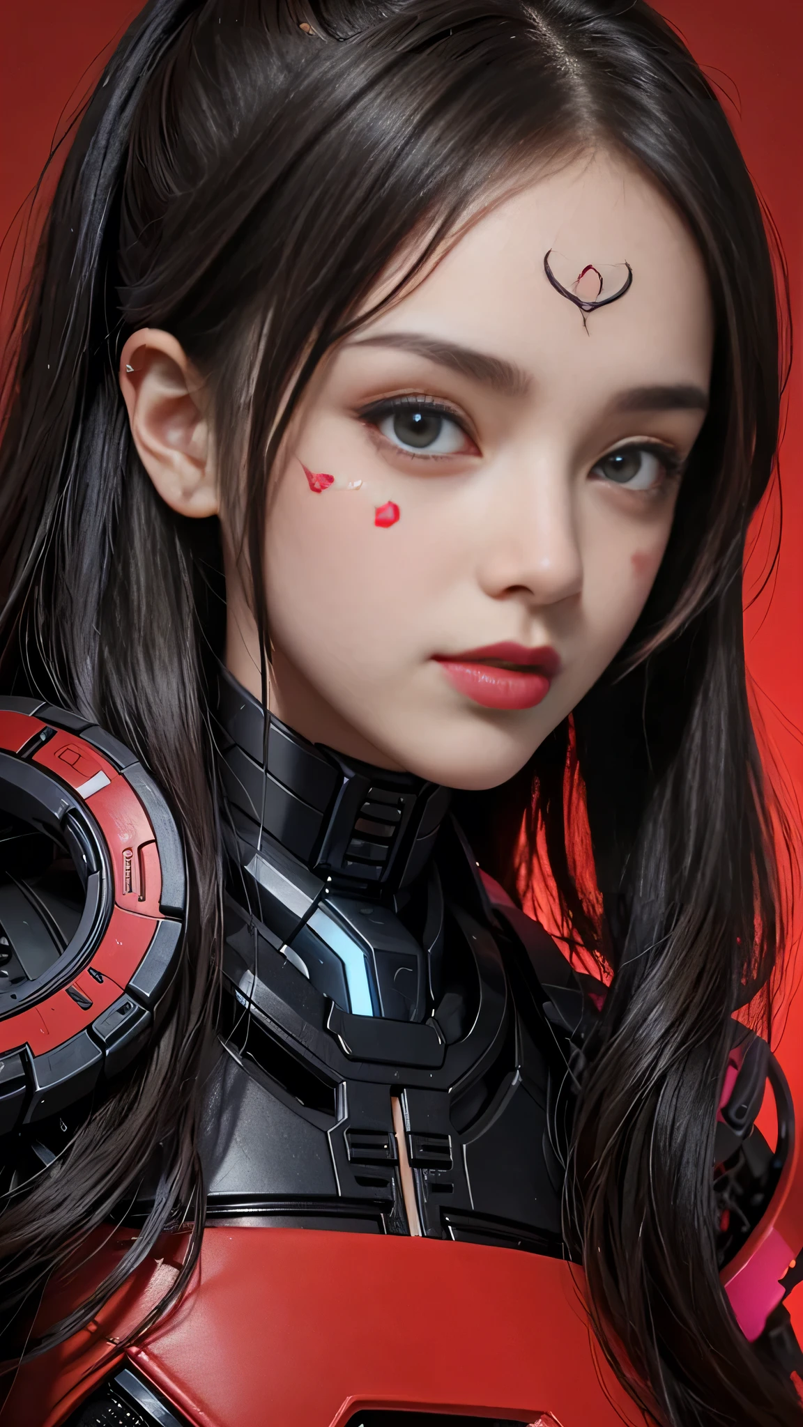close-up, face of a beautiful teenage girl, with cybernetic parts on her face, tattoos, red background, tongue out