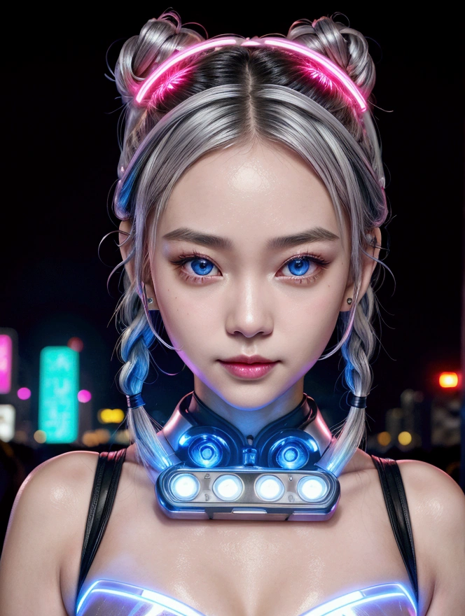 1 woman, Chinese_clothes, liquid silver and pink, Cyber Han, Cheongsam,White bra,White underwear with a bow, cyberpunk city, dynamic gesture, Glowing headphones, glowing hair accessories, long hair, glow earrings, Fluorescent necklace, cyberpunk, เมืองที่มีtechnologyสูง, full of mechanical and of the future elements, of the future, technology, glowing neon, pink, Light blue, Clear tool, Transparent beam, laser, City Sky Digital Background, Big Moon, with vehicles, best quality, Masterpiece, 8ก, Edge of character light, Extremely high detail, High quality, The most beautiful woman in humanity, smile a little, The face faces left and right symmetrically., Ear decoration, Beautiful iris light effect, Image data, I have silver-white hair, Hair is not messy, Two high bun braids hairstyle, Luminous electronic clock, deep eyes, be happy, English Doodle Writing