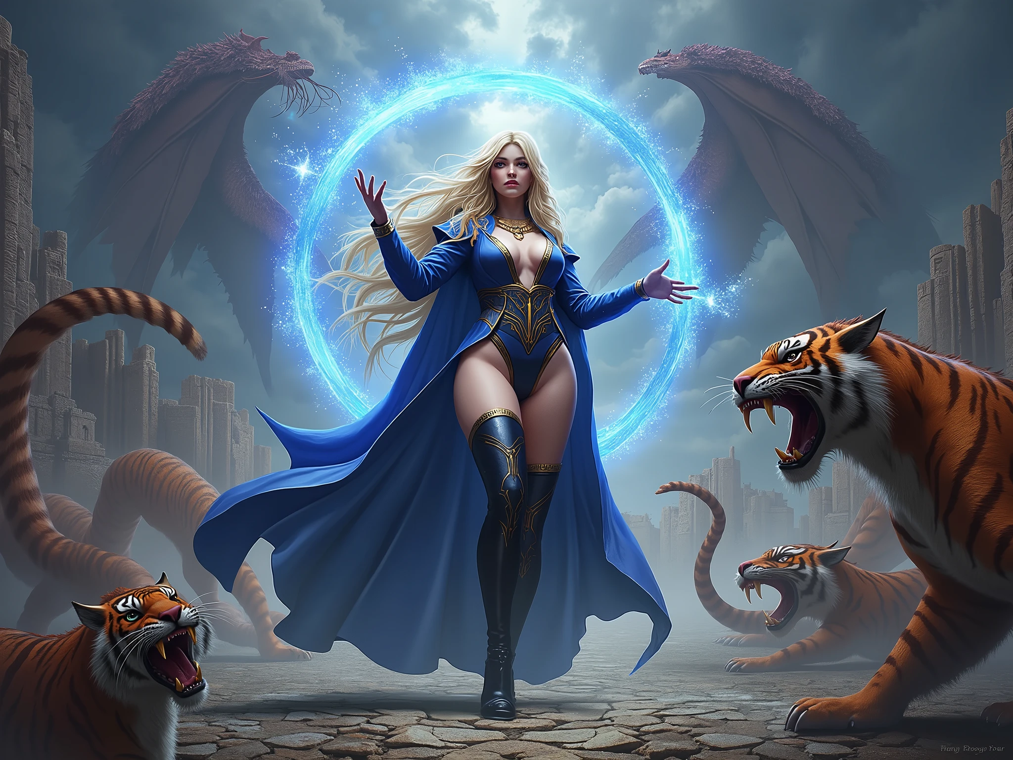 a fantasy-themed scene featuring a powerful female version extra sexy y voluptuosa del personaje Dark Magician Girl de Yu-Gi-Oh! She stands confidently at the center of an ancient, mystical battleground surrounded by large, menacing dragons. The mage has long blonde hair, wears a blue and gold outfit, and wields a magical staff that emits a glowing energy, forming a protective arc around her. The scene is filled with dynamic action, with tigers coiling and roaring around her, and the ruins of an ancient temple in the background, set against a dramatic sky. The overall atmosphere is epic and intense, combining elements of fantasy and magic