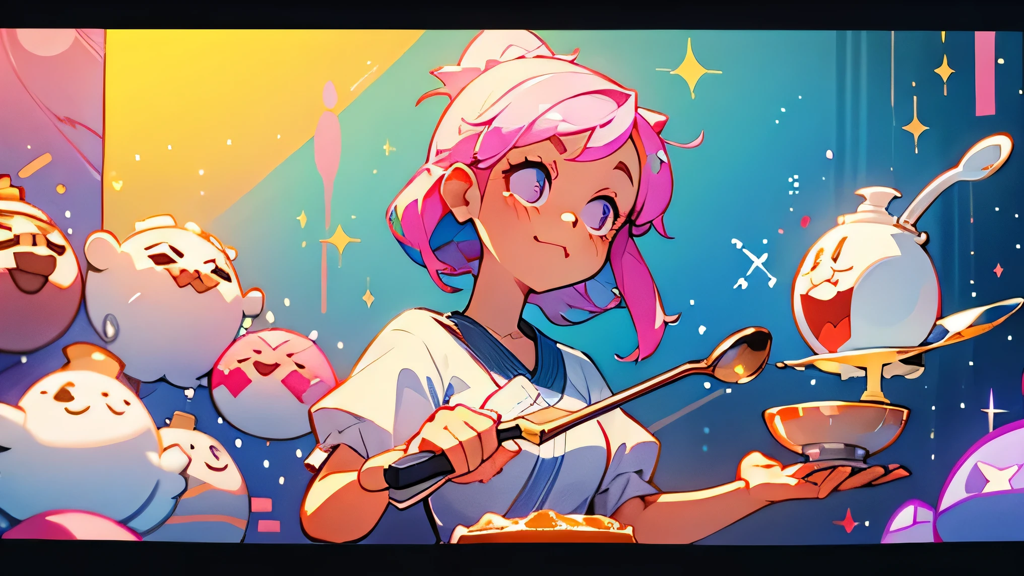 Pixel dots、cute、breakfast、Beautiful girl with a ladle、electronic sound、Sparkling