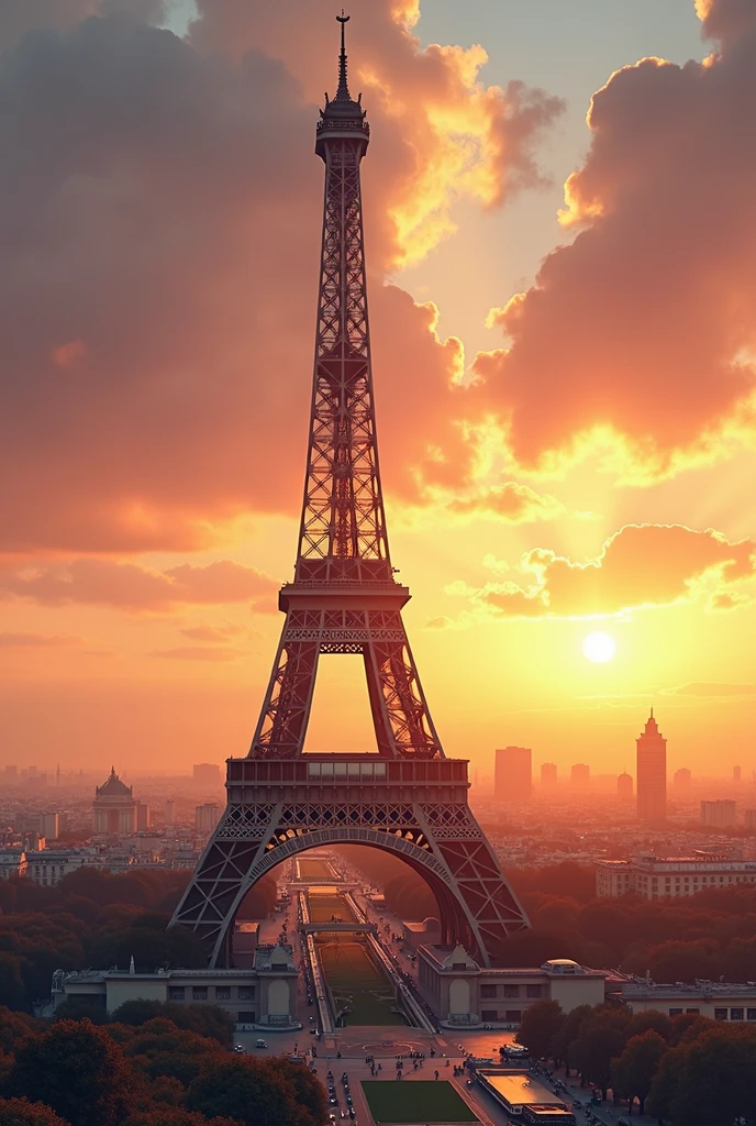 a beautiful detailed illustration of the Eiffel Tower in Paris, intricate metalwork, romantic cityscape, dramatic lighting, warm golden hour colors, cinematic atmosphere, dramatic skies, elegant architecture, historical landmark, iconic structure, breathtaking view, (best quality,8k,highres,masterpiece:1.2),ultra-detailed,(realistic,photorealistic,photo-realistic:1.37),cinematic lighting,dramatic clouds,stunning sunset colors,architectural detail,cityscape,historically accurate,elegant structure
