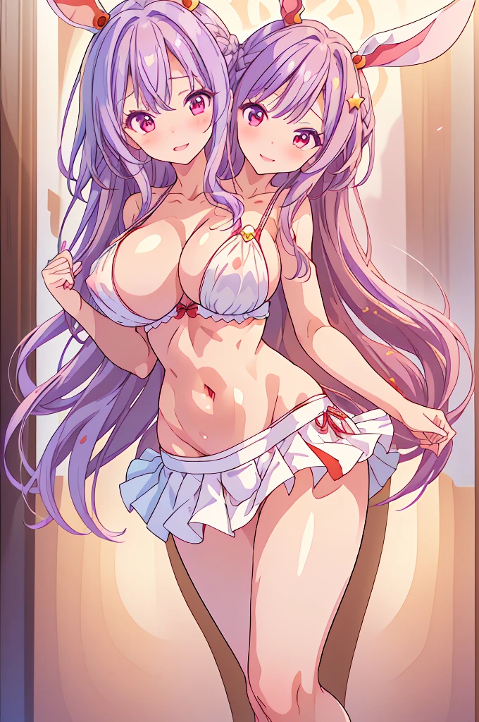 (masterpiece, best quality), best quality, (ultra-detailed), (3heads:1.5), 1girl, (reisen udongein inaba:1.3), three heads, masterpiece, best quality, ultra quality, ultra resolution, ultra detail, white top, crop top, ((stomach)), midriff, ((groin)), purple skirt, normal ears, shackles, purple hair, (same hair color), very long hair, wavy hair, sidelocks, red eyes, parted lips, very detailed eyes, smiling, soft smile, cute, toned belly, hand on own chest, eyelashes, (2 woman:1.3), (masterpiece:1.5), (best quality:1.5), (beautiful detailed), extremely detailed CG, extremely delicate and beautiful, depth of field, (finely detailed face), (perfect details:1.3), (mature female:1.3), wide pelvis, slender, large veiny breast, 16k resolution, highres, very high quality, high definition, extremely detailed, masterpiece, purple hair, long hair, alluring presence, braid, short skirt, close up, very big tits, huge breasts, young, bunny ears, girl with three heads, three headed girl,