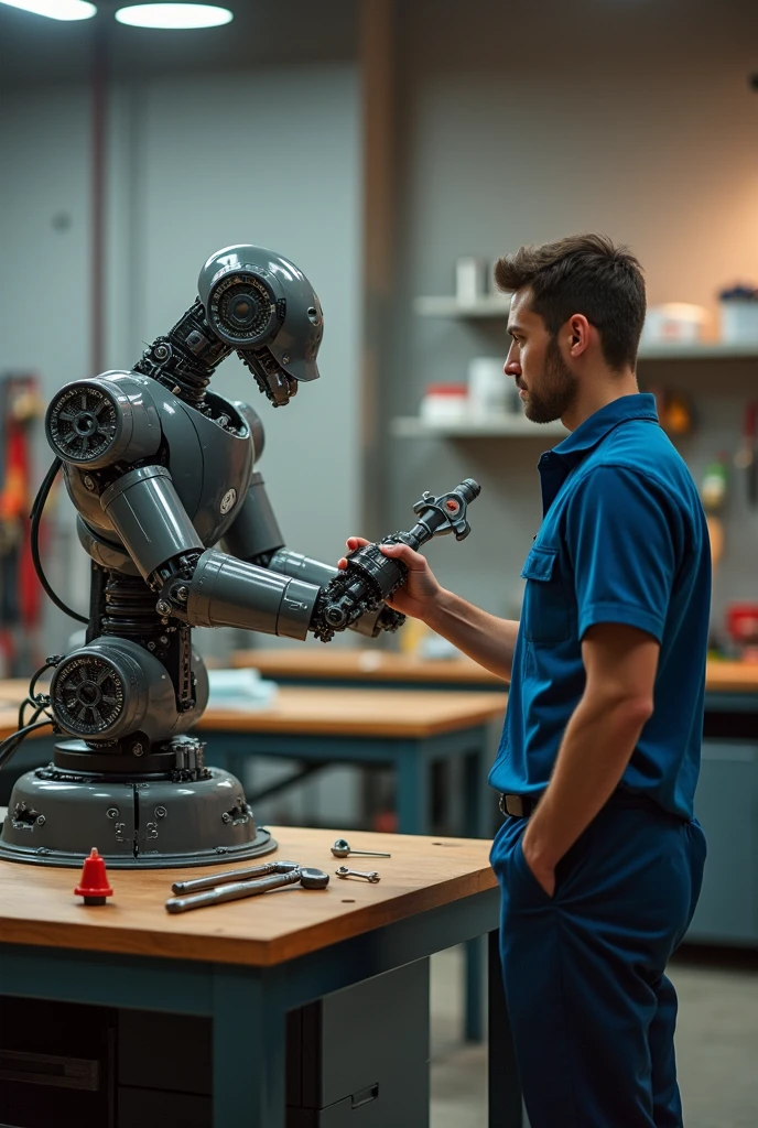 (((best quality))),(((Extremely detailed))),(((masterpiece))),Realism,Robotic Arm,Mechanical double arm tool wrench handed to the staff,Robotic Arm尺寸较小,accurate,旁边占一个工作人员站在Robotic Arm对面,There is a workbench between the robot arms and the person, on which are placed some common tools such as hammers, wrenches, and screwdrivers.