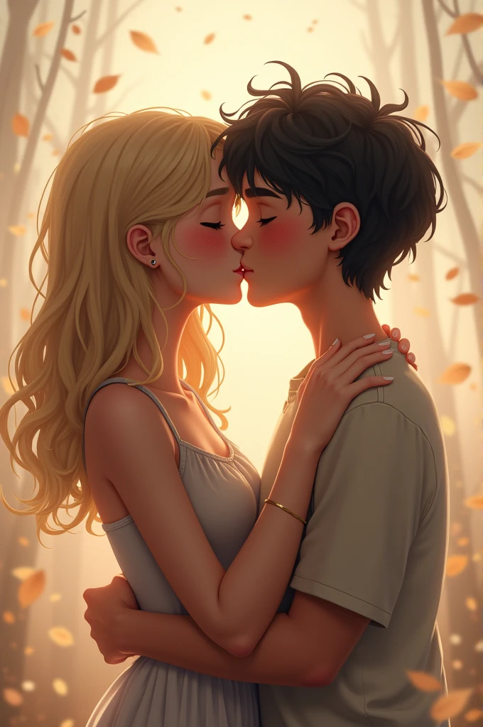 Blonde girl kissing boy