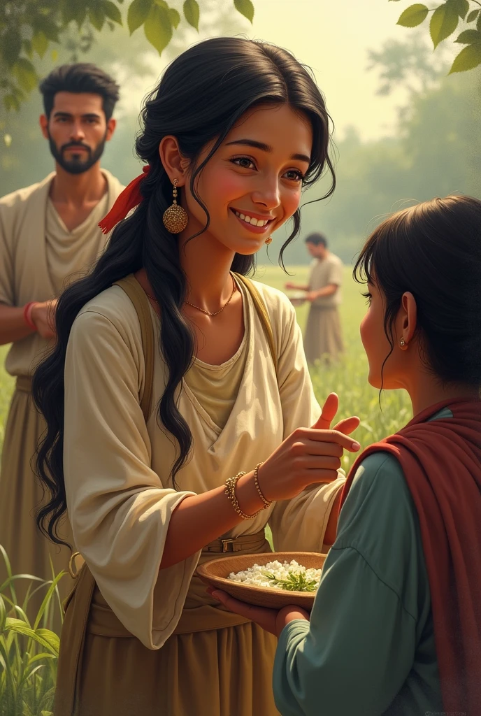 Ananya Helping the Villagers: Ananya, in modest attire, attending to a sick villager with herbal medicine, and working alongside villagers in a small field. The villagers are smiling, showing hope and gratitude as they work together."