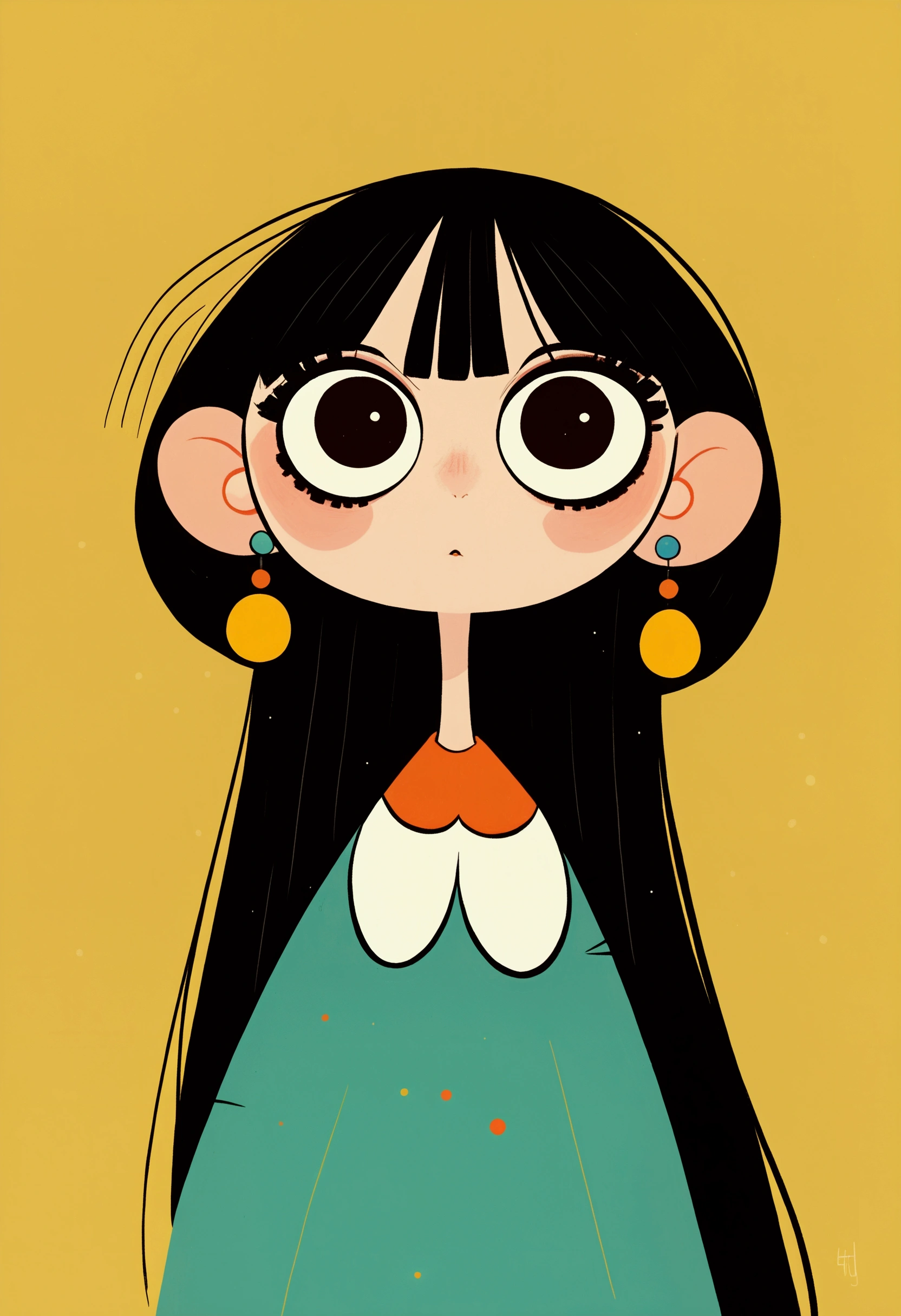 Flat Wind,Vector,Childish art cartoon,Cartoon girl with long black hair and big earrings,big eyes,Cute expression,Bangs,Minimalism, White collar,Lovely art style, rich and colorful! Digital illustration style, The art of math. rich and colorful comic, Hand drawn cartoon art style,Solid color background,Black Lines