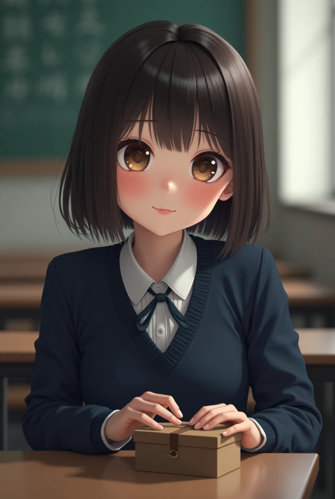 Highest quality, Face Focus, Soft Light, Ultra-high resolution, (Realistic:1.4), RAW Photos, 1 Japan, alone, cute, (A shy smile:0.5), (Brown eyes, Light in your eyes), Beautiful face in every detail, (Small box),(High resolution detail of human skin texture), (Short Bob Hair), break, In the classroom,Navy uniform, Best, skirt