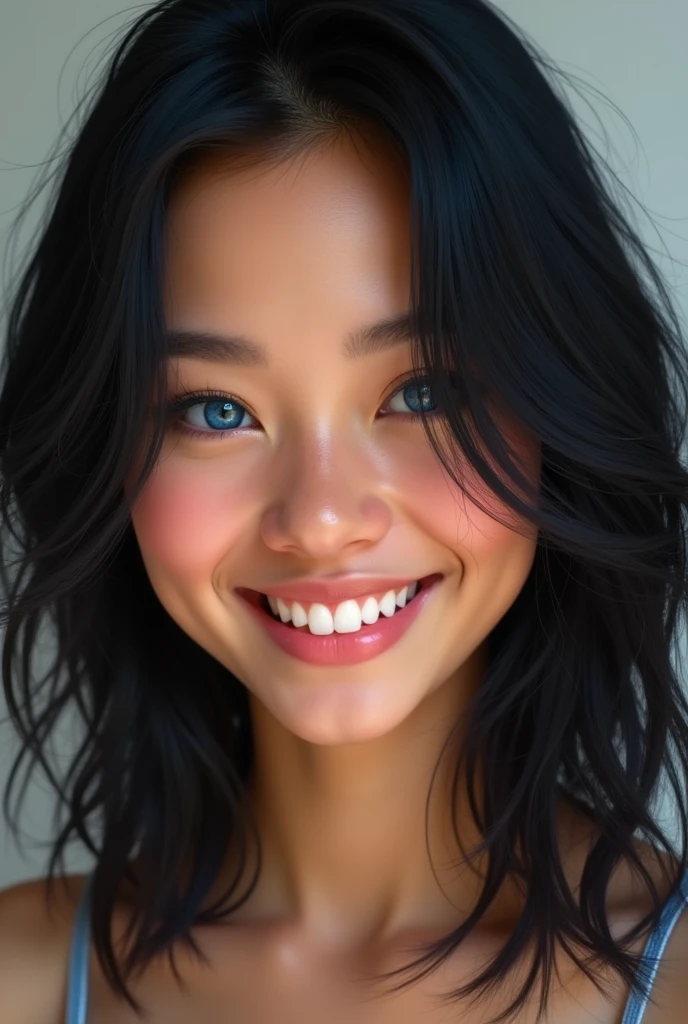 a young college girl with white skin, black hair and blue eyes smiling realistically 