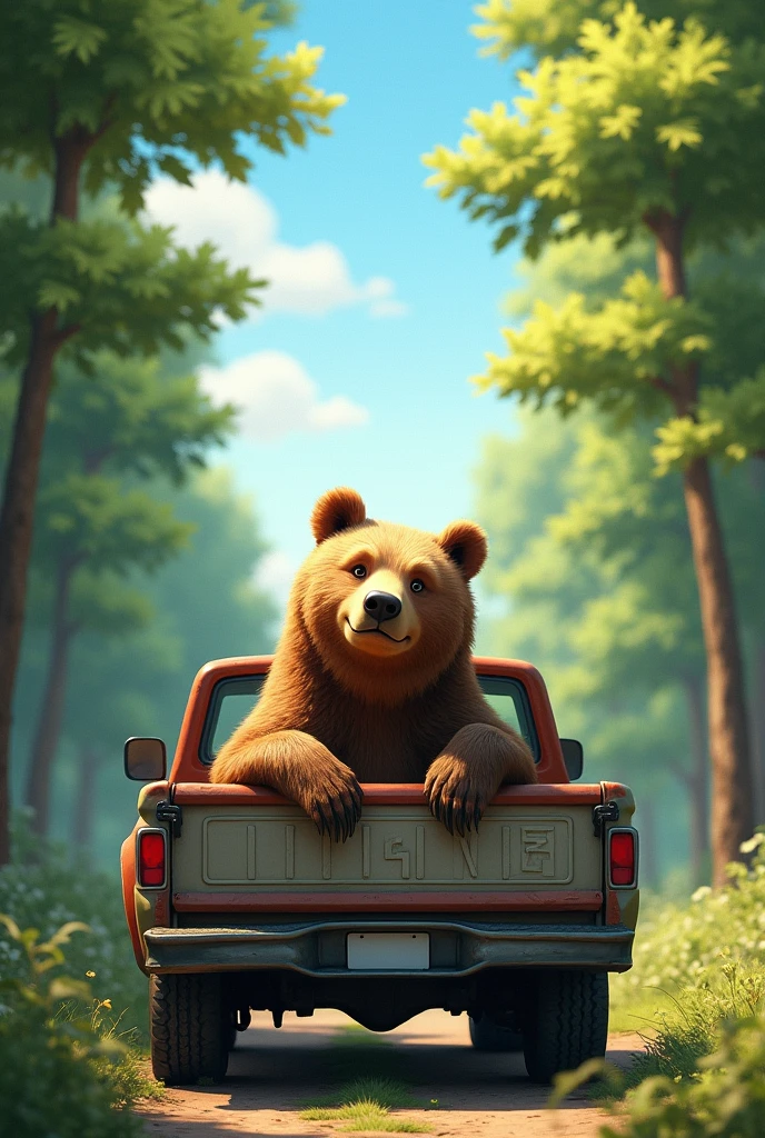 A large brown bear sitting comfortably in the bed of a light truck, surrounded by lush green trees and a clear blue sky, with a curious expression as it looks around, sunlight filtering through the leaves.