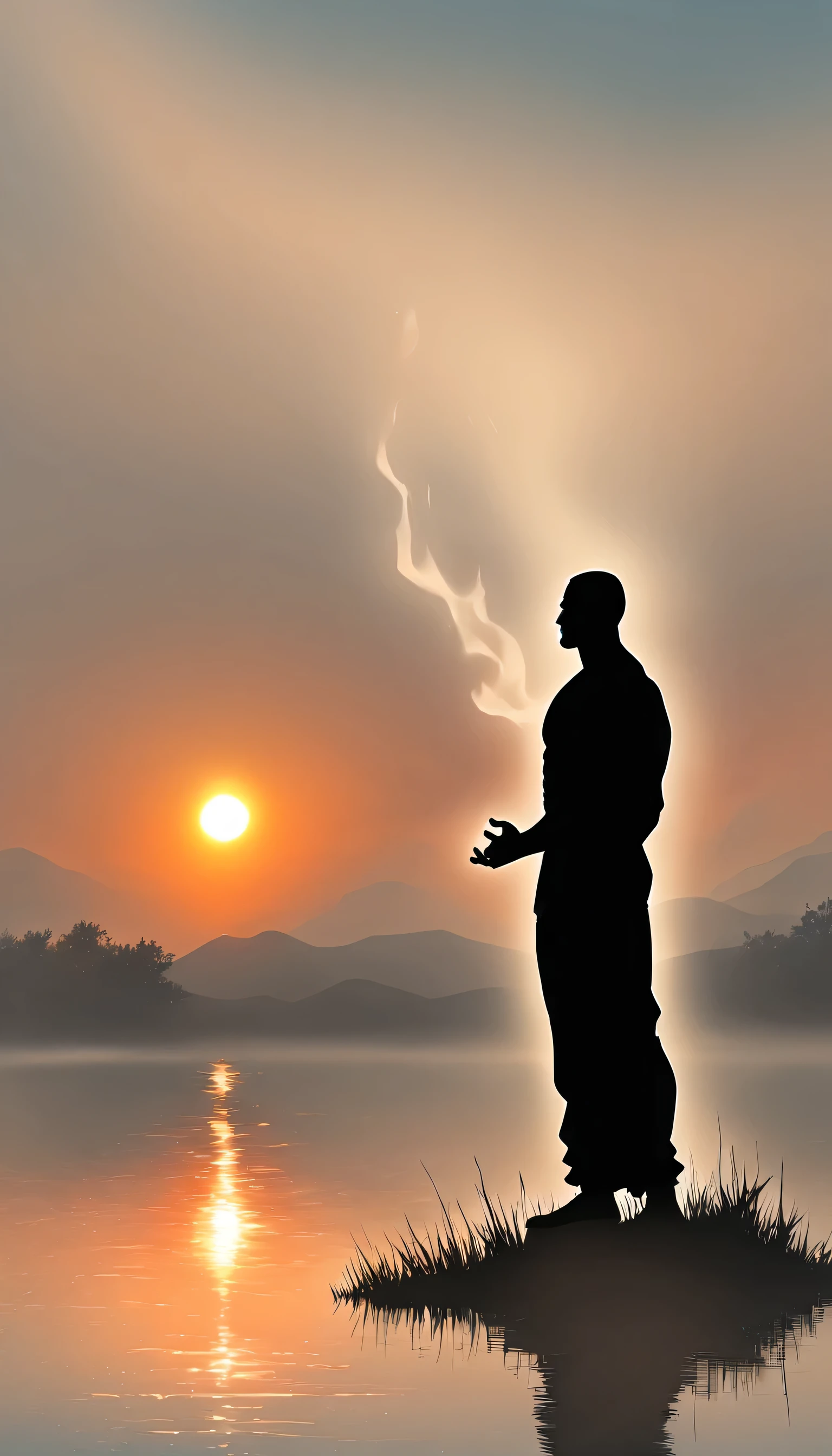 A Strong Buddhist muscular man stands in the smoke, loneliness, Black jumpsuit, Very tight, Silhouette effect, Tall muscular man, Priapus, Dark Black, Dark black skin, Buzz Cut, His muscles are very developed, Very tall, short hair, Blend into the smoke, Lake, Reflection, Sunset, Sunset, Man silhouette, Chinese, black and white, Simple style