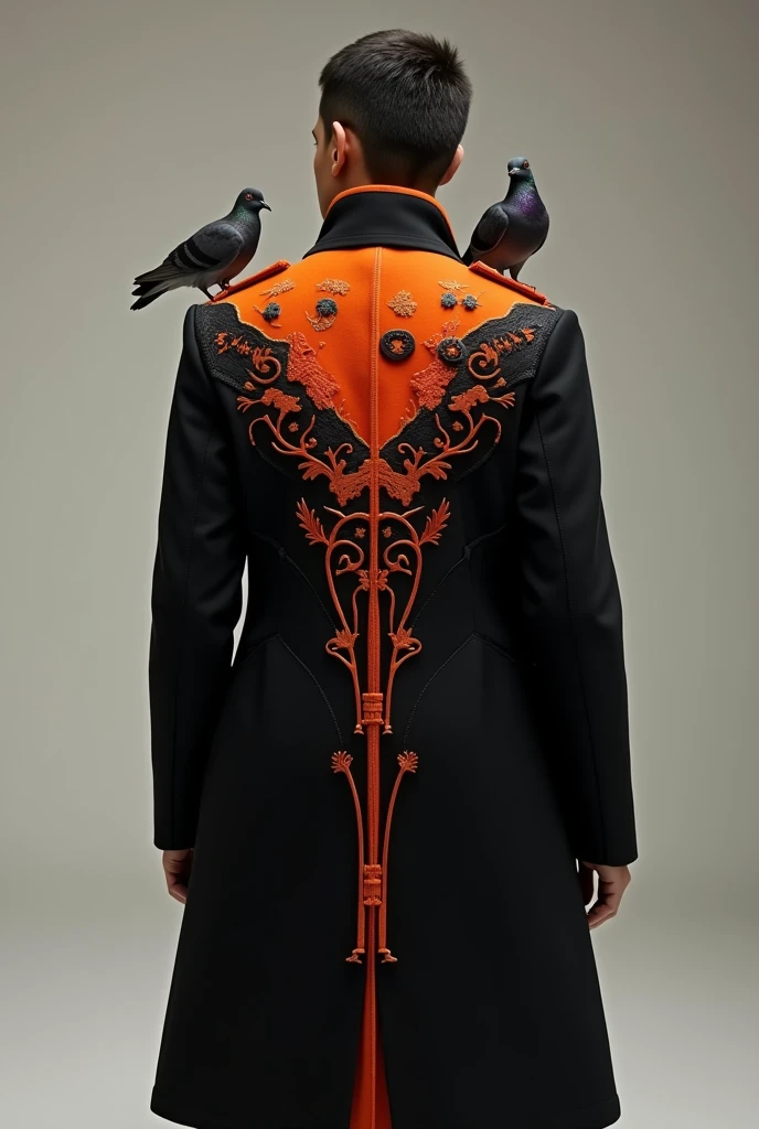 Create a black and orange coat, highlighting the flock of pigeons on top and the continent of Earth."The middle of the back is embroidered with detailed patterns. Less is more. Simple but elegant. There is the letter BA in the world.