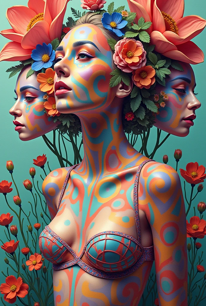 Expressionist artwork images of multiple floating ceramic heads, 3d collage style, make it weird and gallery worthy, ((transgender women)), portrait, absurdres,highres,ultra detailed,ultra-detailed background,detailed background,extremly detailed,1girl,bunch of flowers,(zentangle:1.2),(geometric:1.2) multi-colored color palette, monochromatic, big , cleavage, sideboob, lingerie, realistic depiction, arms behind back, kaleidoscopic, multidimensional, ethereal glow, captivating uniqueness, surreal juxtapositions, visual symphony, unforgettable visual narrative, edgy, mathematical, simple-shaped vectors, highly modern, stylistic, polygonal abstraction, vector art, bold lines, minimalist color scheme, digital art, abstract geometry