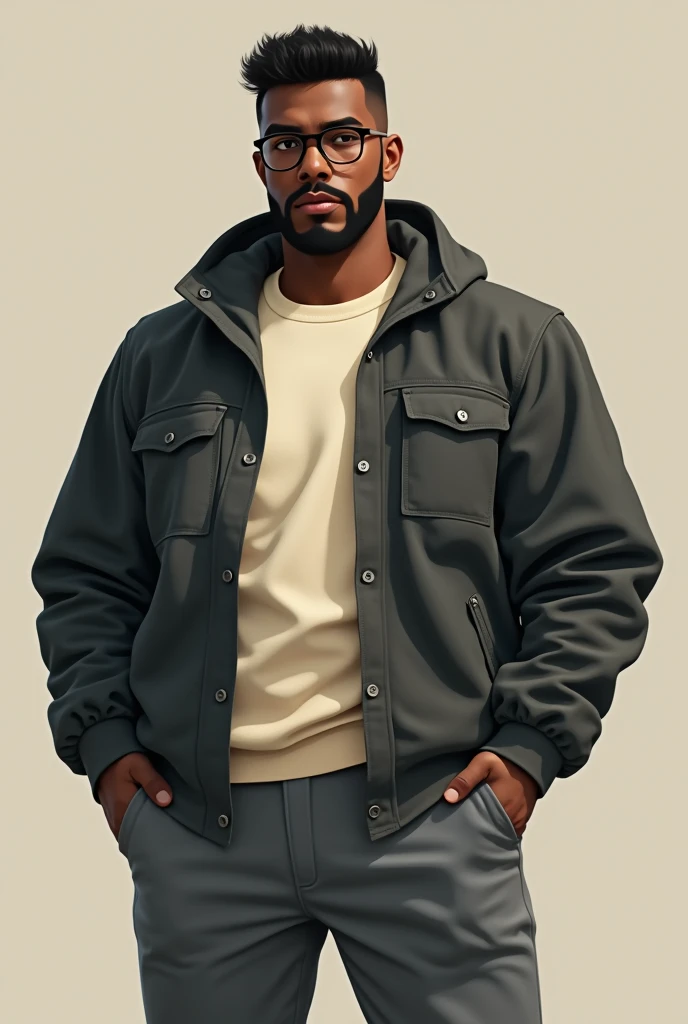 A boy of 1.68 tall, WITH 82 KILOS, WITH GLASSES SHORT HAIR, short beard, TEST OF DARK SKIN AND IS DRESSED WITH A CREAM CAPARENA, GREY PANTS AND LEAD JACKET
