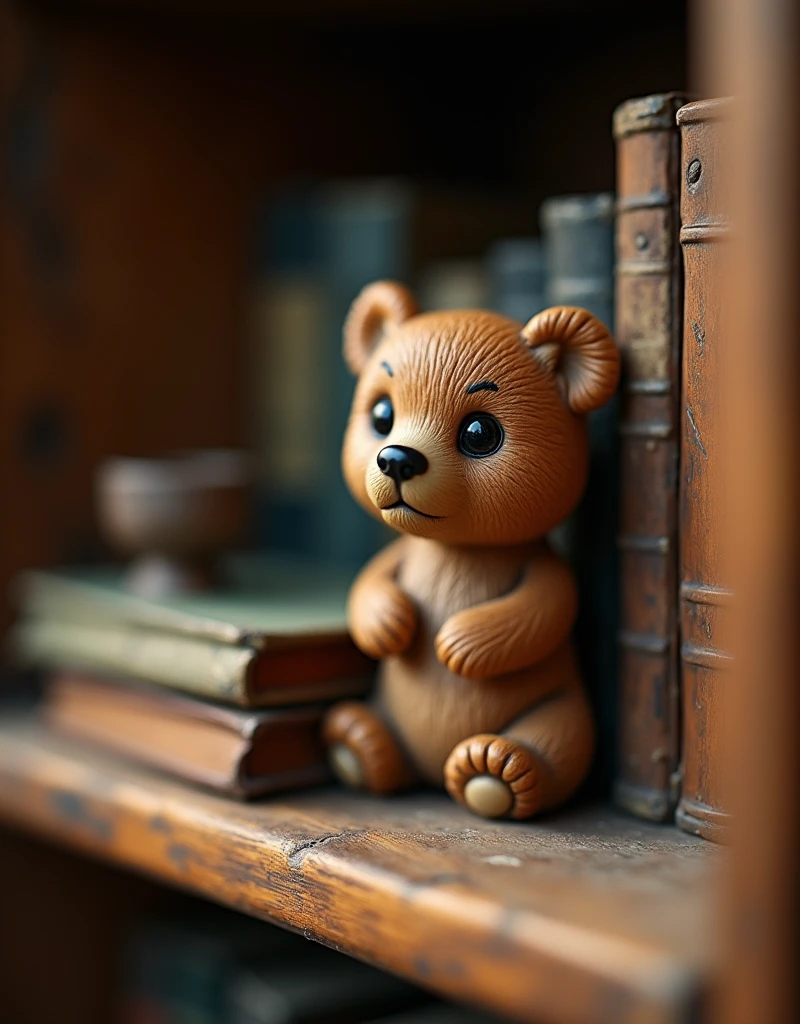 Close-up shot of a tiny, adorable bear figurine perched on a worn wooden bookshelf, surrounded by miniature vintage books and dusty trinkets. Soft, warm lighting illuminates the bear's soft fur and bright, curious eyes, as if it's peeking out from its cozy little world.