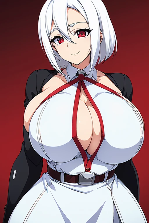 (white hair red eyes) (open dress), (neck) (belts), (huge tits)